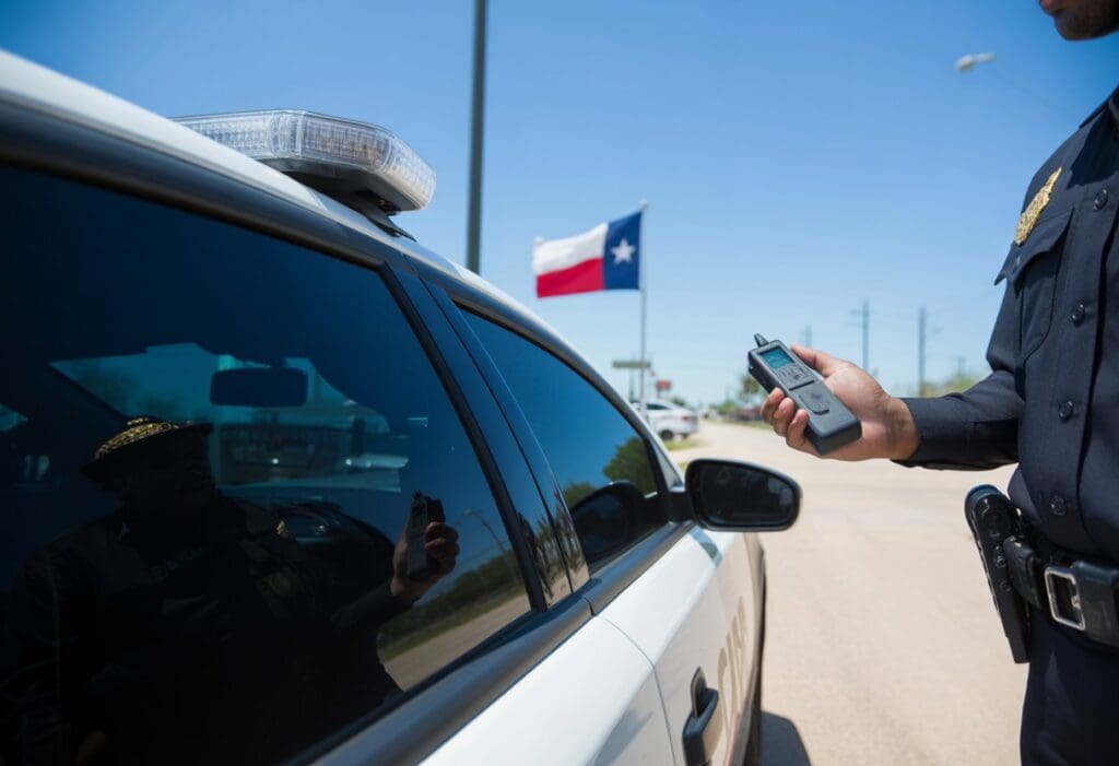A police officer measures the window tint on a parked police car in Texas with a handheld device under a clear blue sky.