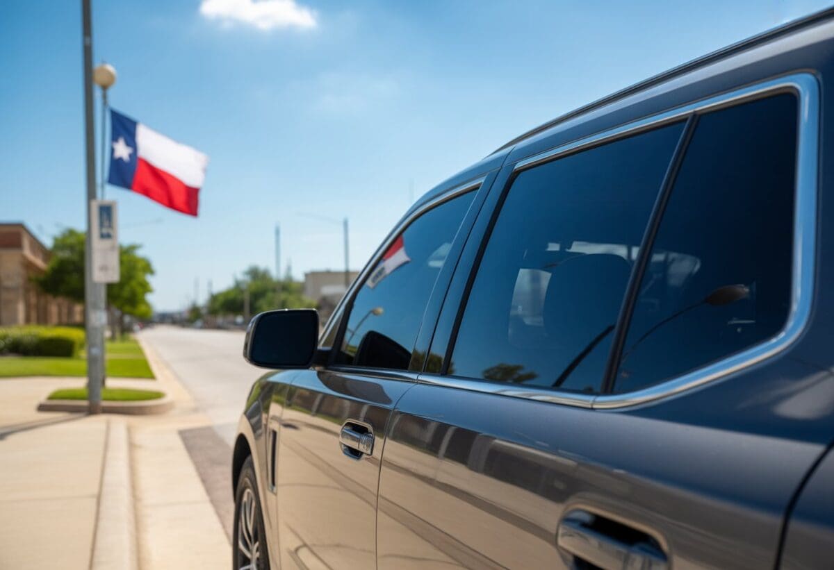 Tinted car windows in Texas with a Texas flag in the background. Legal window tint laws and limits.