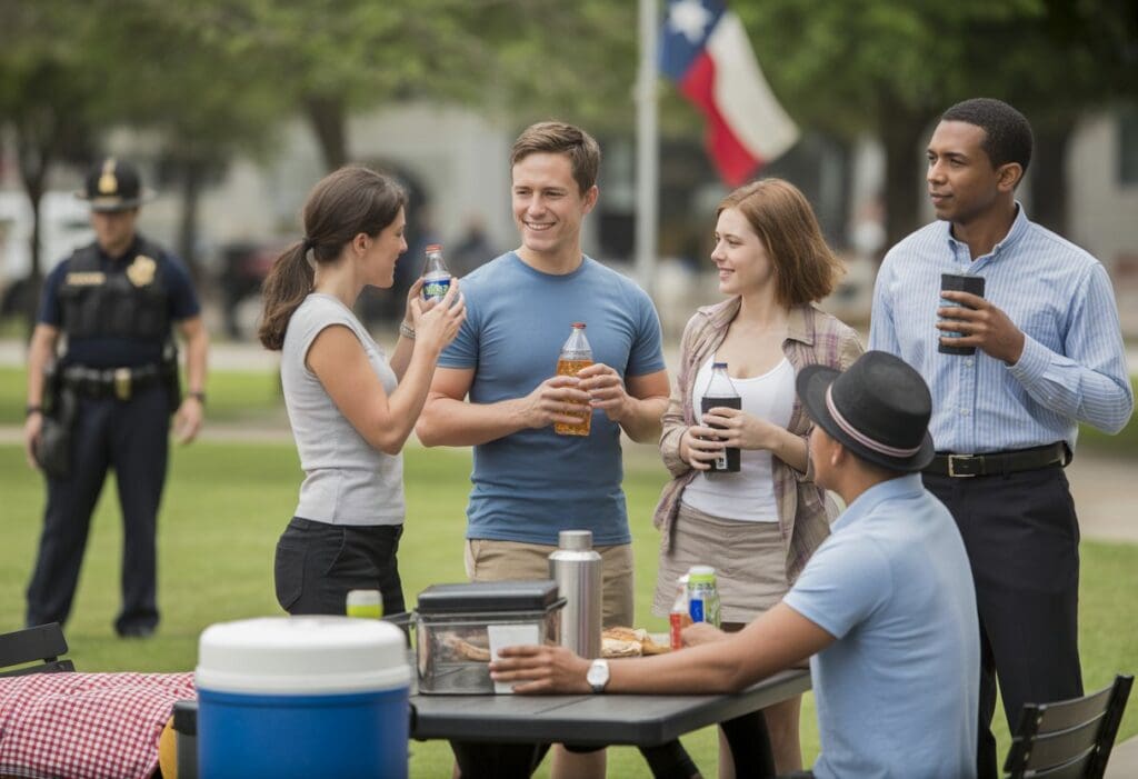 People enjoying a sunny day in a Texas park with some holding open and closed beverage containers, and a Texas flag visible in the background.