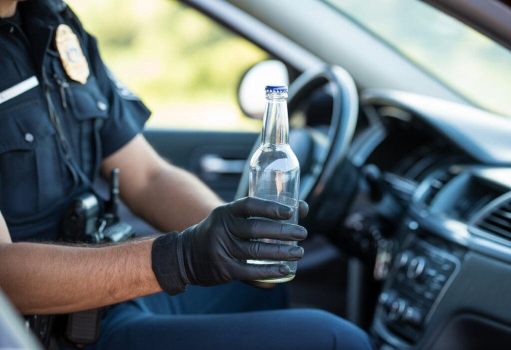 A police officer holding an open alcohol bottle inside a car, focusing on enforcement of open container laws.
