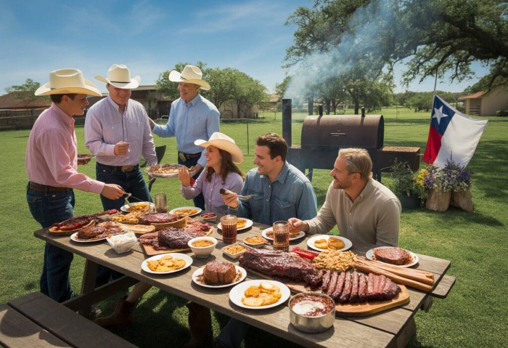 People enjoying a Texas barbecue outdoors with smoked meats on a picnic table under blue skies and oak trees.