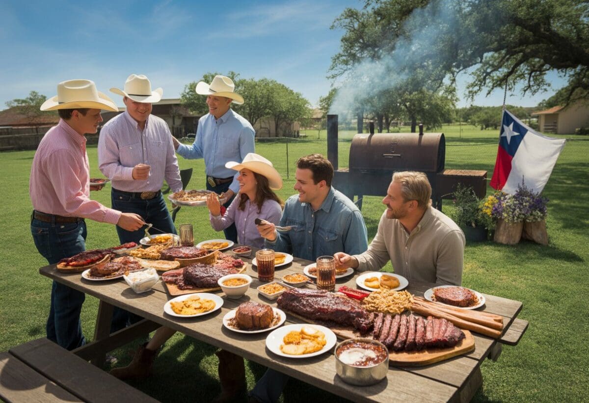 Texas BBQ etiquette: People in cowboy hats gather around a picnic table laden with BBQ. Texas flag in background.