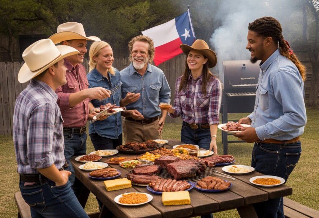People gathered around a picnic table outdoors enjoying traditional Texas BBQ dishes with a smoker grill and Texas flag in the background.