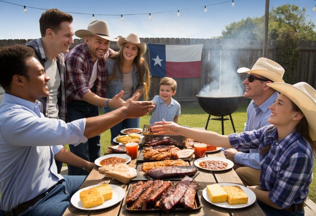 People enjoying a Texas backyard barbecue with food on a picnic table, wearing cowboy hats and casual clothes, smiling and interacting outdoors.