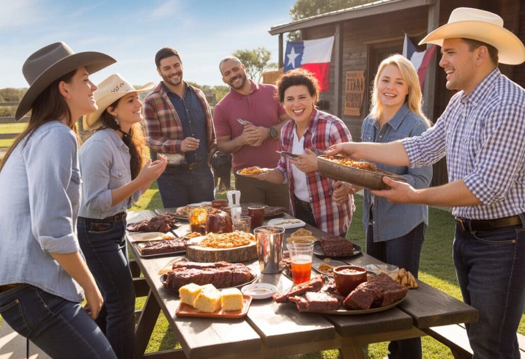 A group of people enjoying a Texas-style outdoor barbecue together, sharing food and smiling around a picnic table in a sunny backyard.