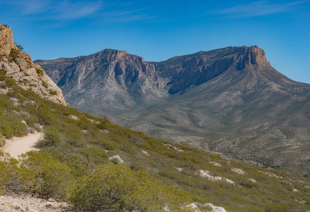 Mountain peaks and a hiking trail in Guadalupe Mountains National Park with clear skies and desert vegetation.