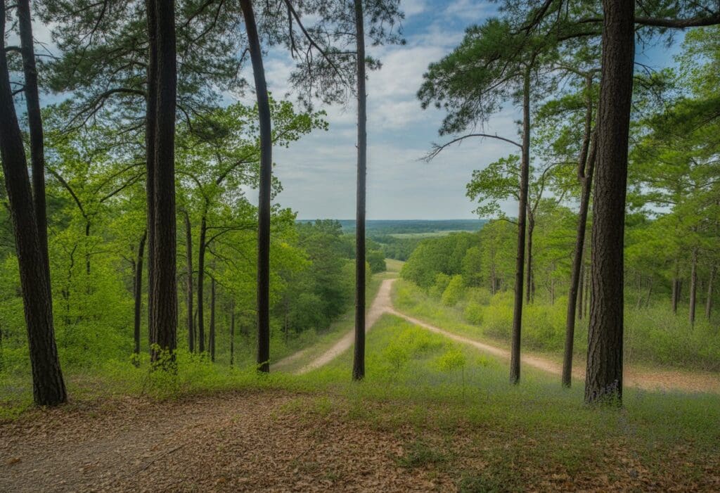 A winding hiking trail through a dense East Texas forest with tall trees, green foliage, and sunlight filtering through the canopy.