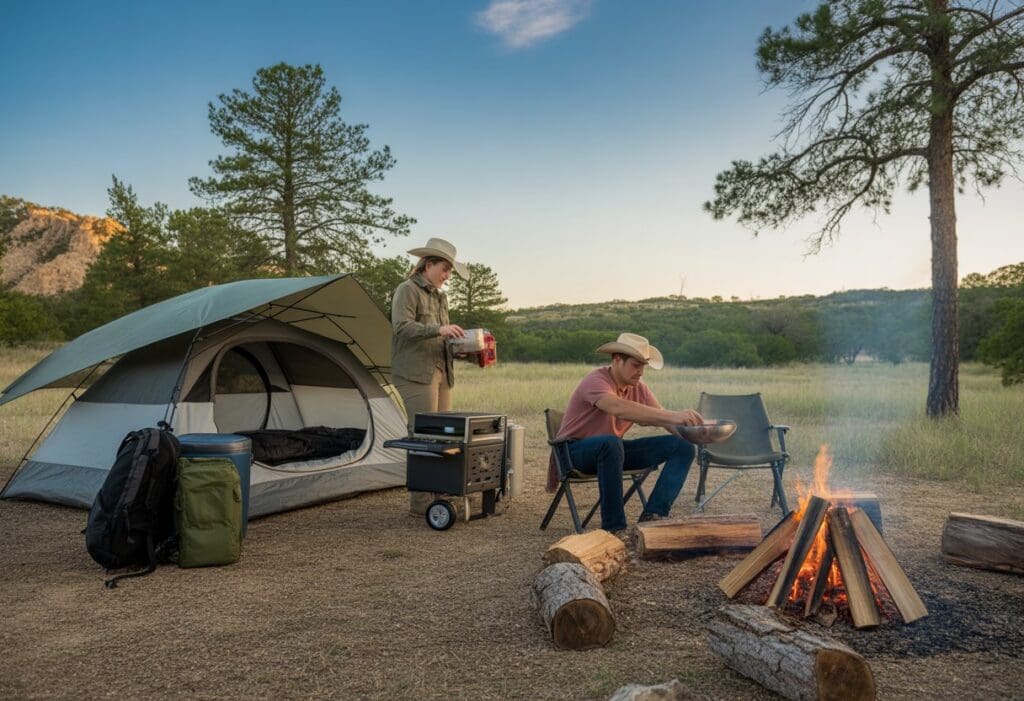 A campsite in a Texas landscape with a pitched tent, campfire, and two people preparing for camping surrounded by trees and hills.