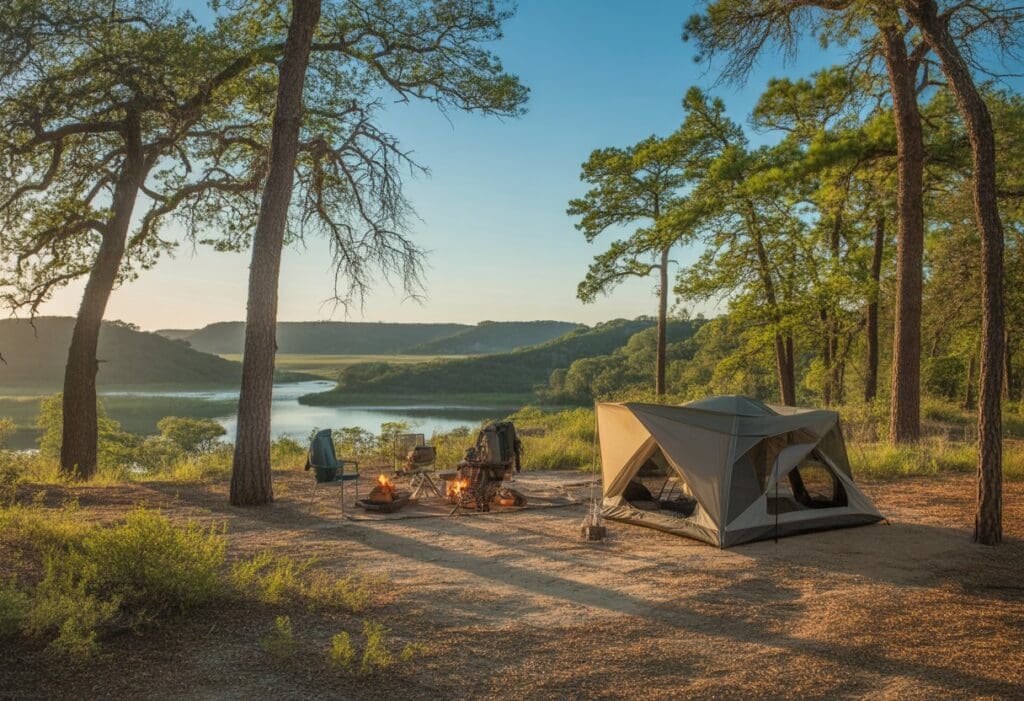 A campsite with a pitched tent surrounded by trees near a lake with hills in the background under a clear sky.