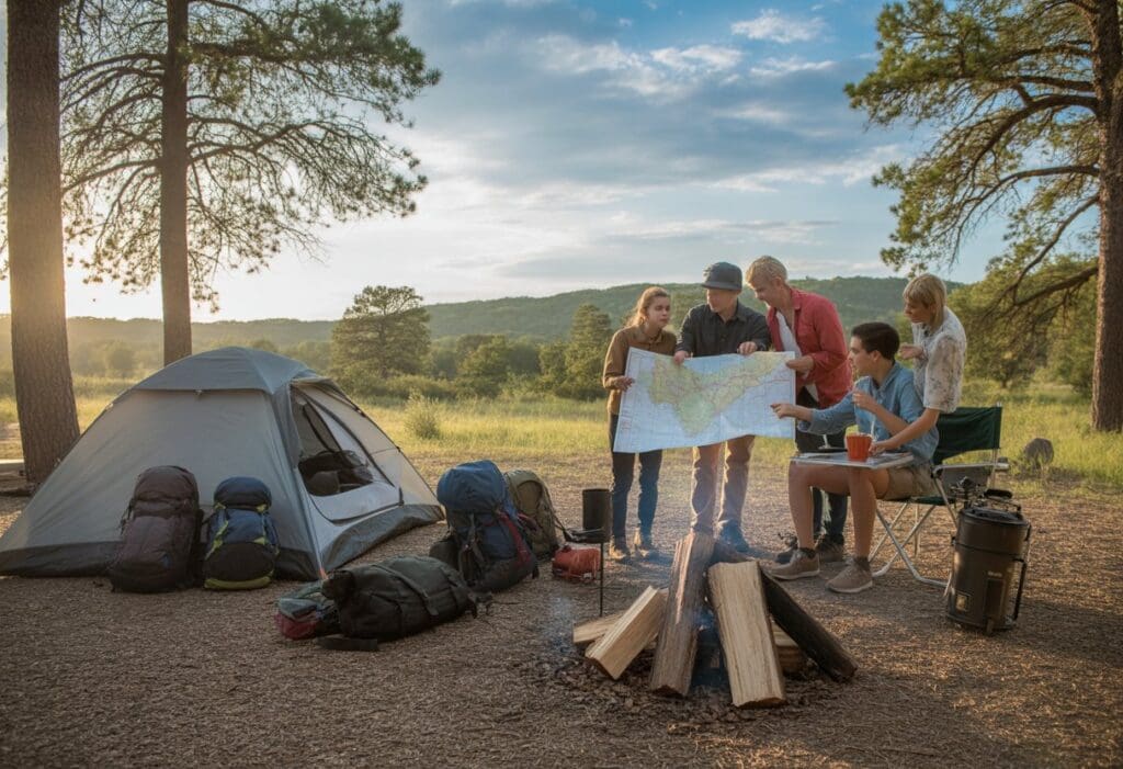 A family planning their camping trip at a campsite in a forested area with a tent, campfire, and camping gear during sunset.