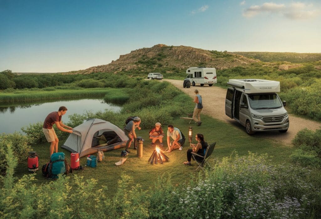 A family setting up a tent by a lake with friends around a campfire, surrounded by greenery and rocky hills in Texas.