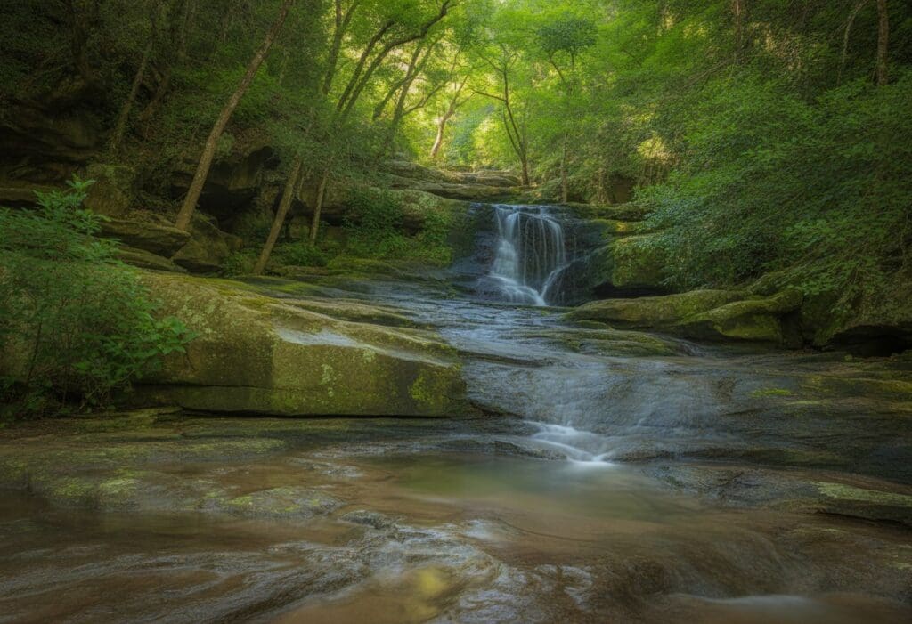 A hidden waterfall flowing over rocks surrounded by green trees and plants in a forest.