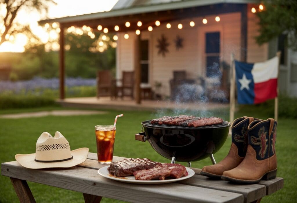 A backyard scene with a smoky BBQ grill, cowboy hat, boots, Texas flag, and plates of BBQ ribs on a picnic table under string lights and blooming bluebonnets.