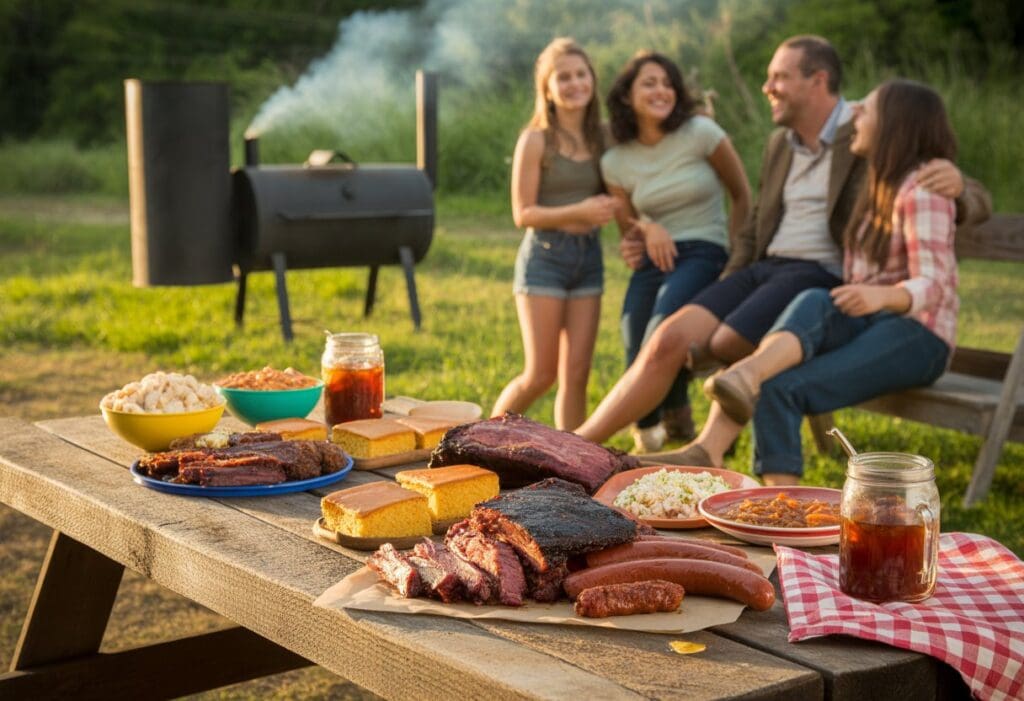 A picnic table outdoors with classic Texas BBQ dishes including smoked brisket, ribs, and sides, surrounded by people enjoying a summer gathering.