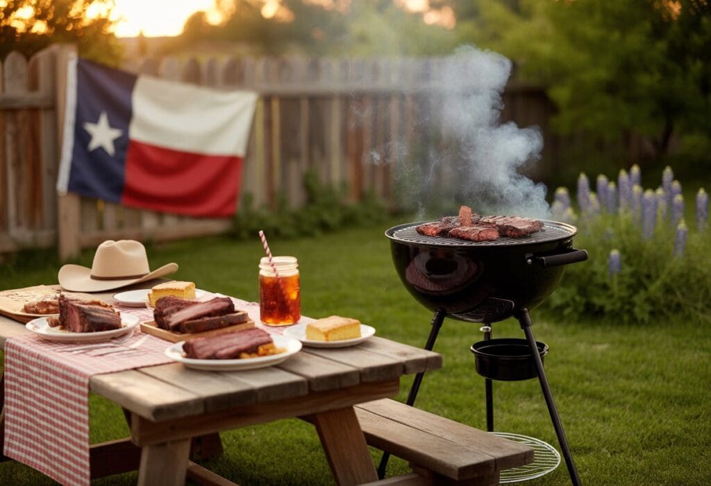 A Texan backyard with a barbecue grill, smoked meats on a picnic table, a cowboy hat, Texas flag, and blooming bluebonnets at sunset.