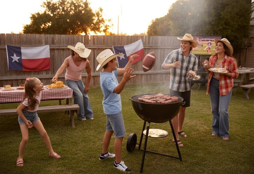 A group of people enjoying a summer backyard barbecue with Texas flags, cowboy hats, and a football game playing nearby.