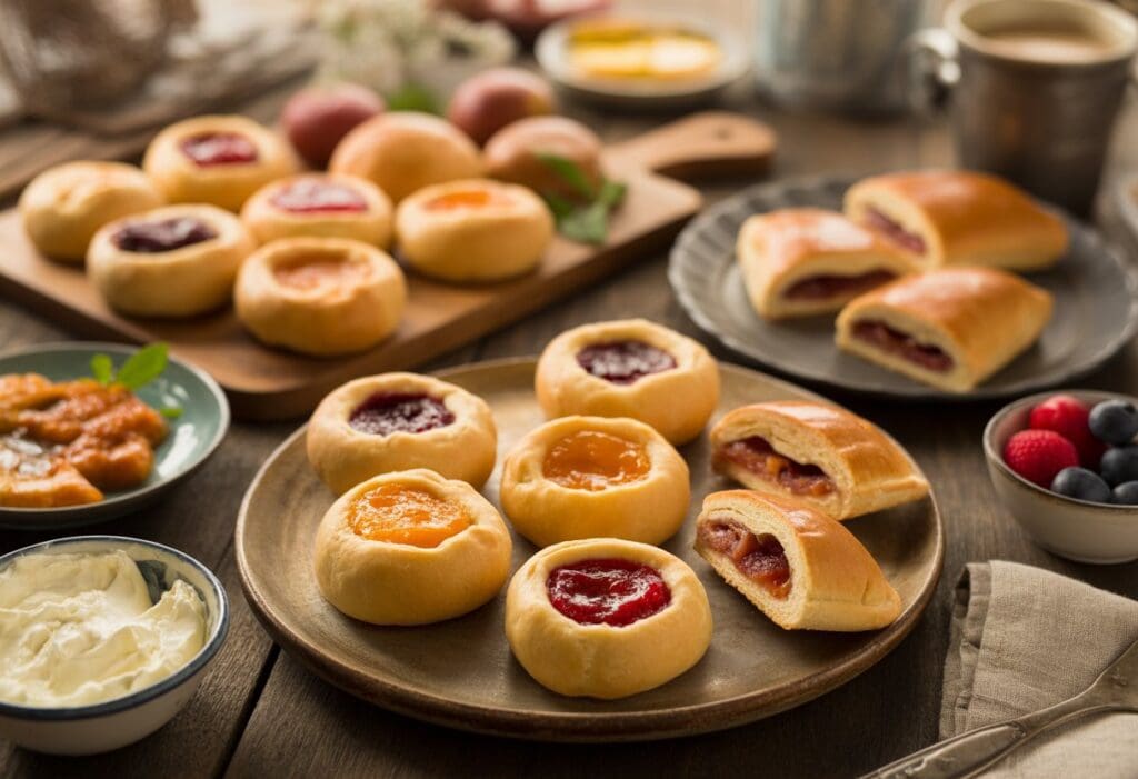 A wooden table displaying sweet fruit-filled kolaches and savory sausage-filled klobasniky arranged on plates and a cutting board.