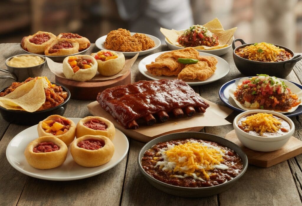 A table displaying a variety of traditional Texas foods including kolaches, barbecue ribs, chicken fried steak, tacos, queso dip, jalapeño cornbread, and chili.