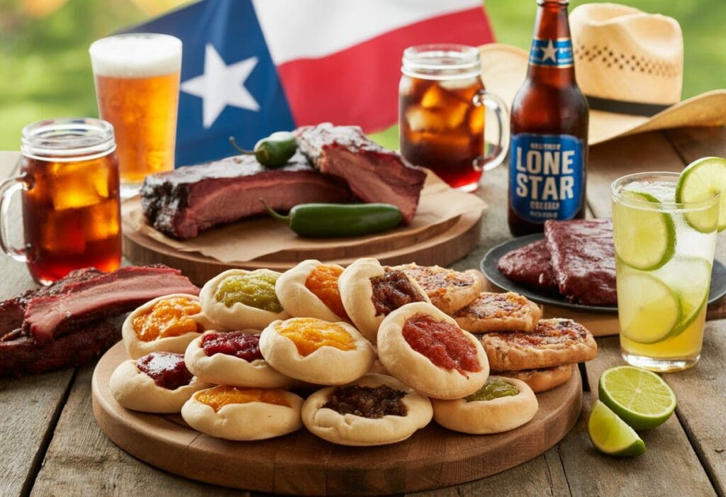 A wooden table displaying kolaches, barbecue meats, jalapeños, iced tea, beer, and lemonade with a Texas flag and cowboy hat in the background.