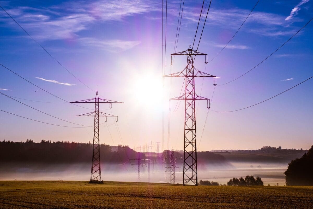 pylon, cables, sunrise, nature, sunlight, sun, fog, mist, field, meadow, transmission towers, power towers, utility poles, power lines, overhead power lines, power supply, electricity, morning hour, dawn, morning, landscape