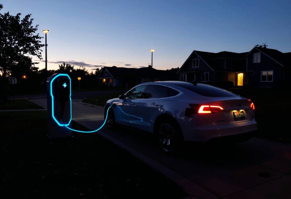 Electric car charging at night time