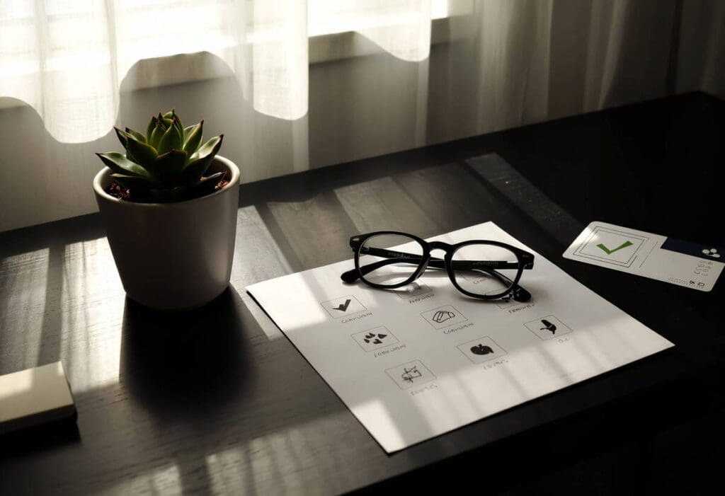 Desk scene: succulent, glasses, checklist, and card. Office or home workspace with natural light.