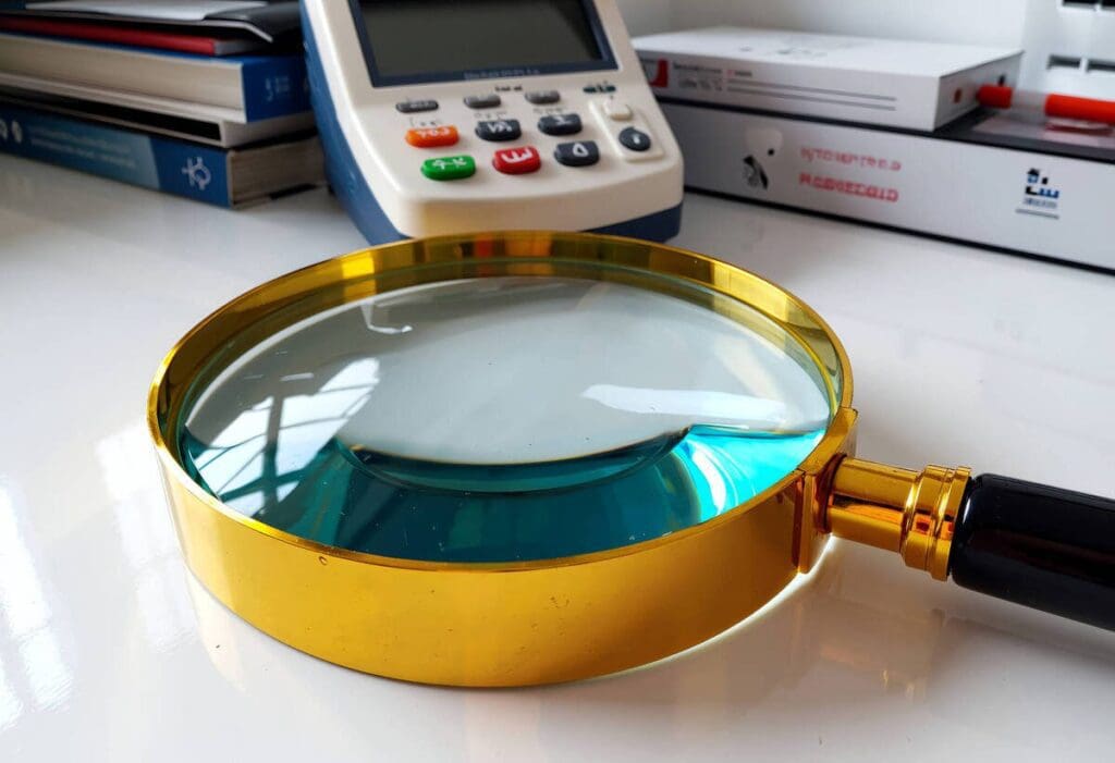 Close-up of a gold magnifying glass on a white desk. Calculator and books in the background.
