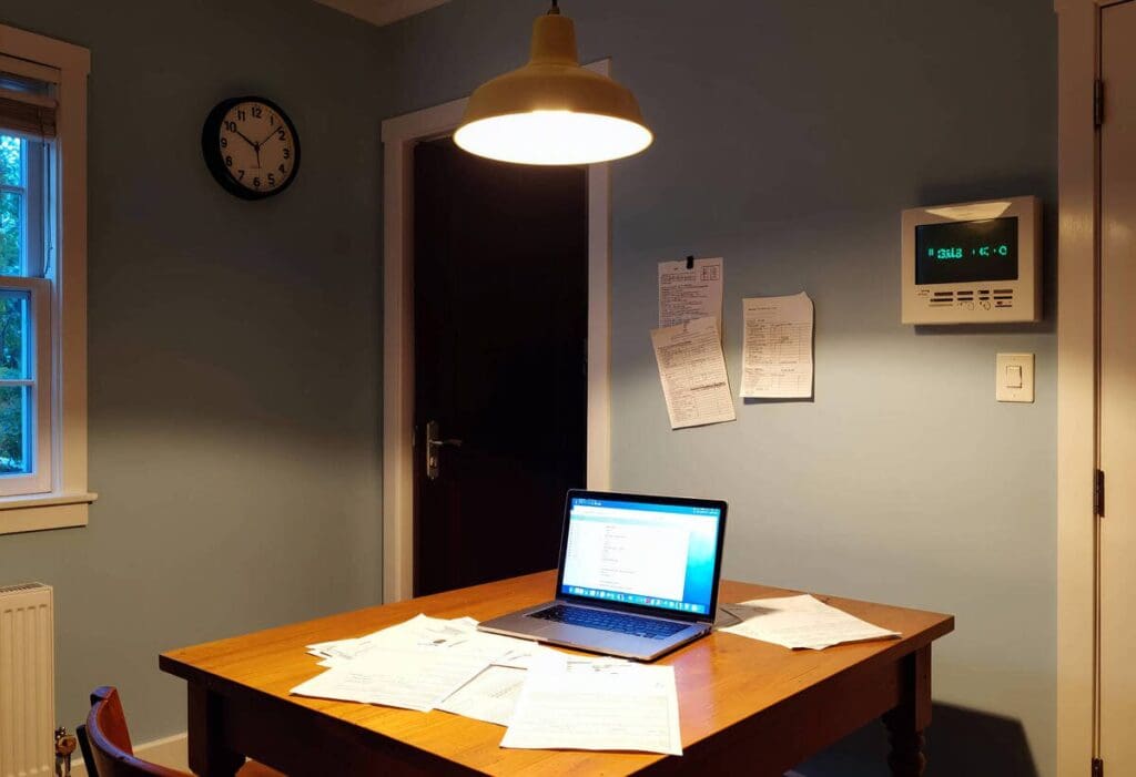 small home with a laptop and paperwork 