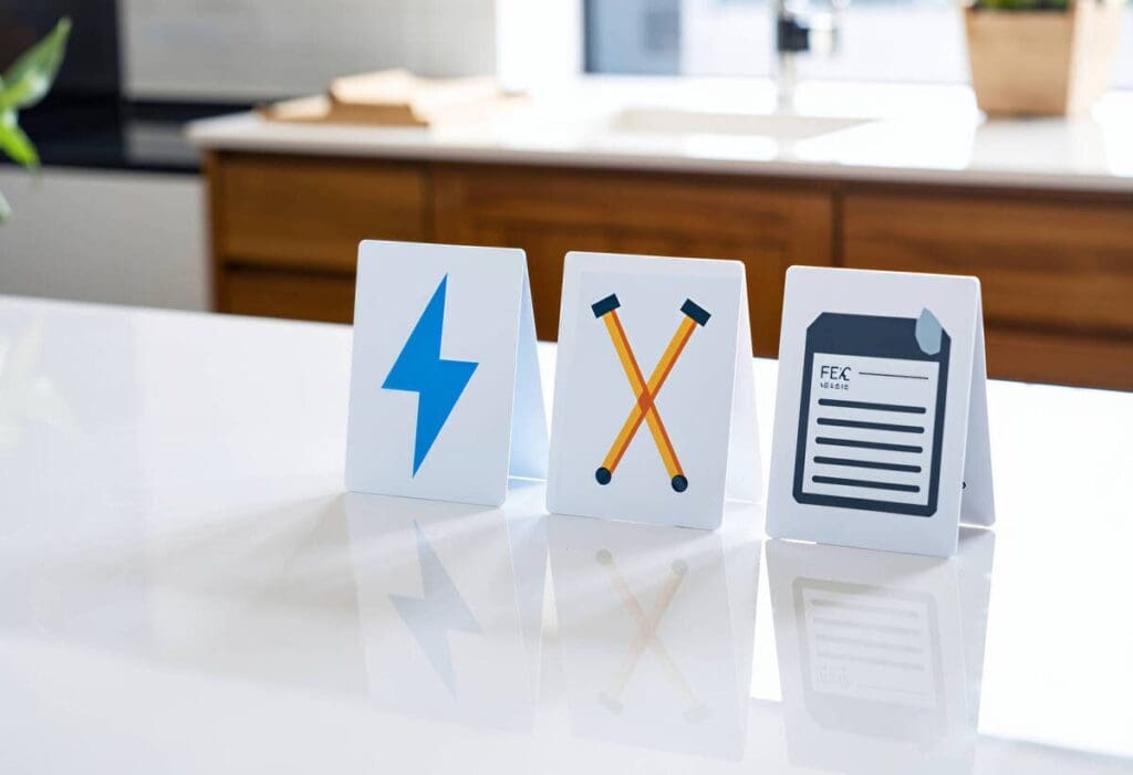 Energy choice cards: electricity, gas, and fuel. Power and energy options on a white countertop.