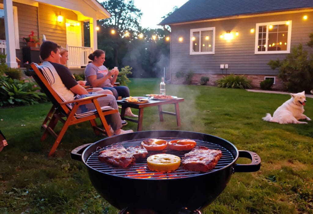 family in the yard with lights on having a bbq