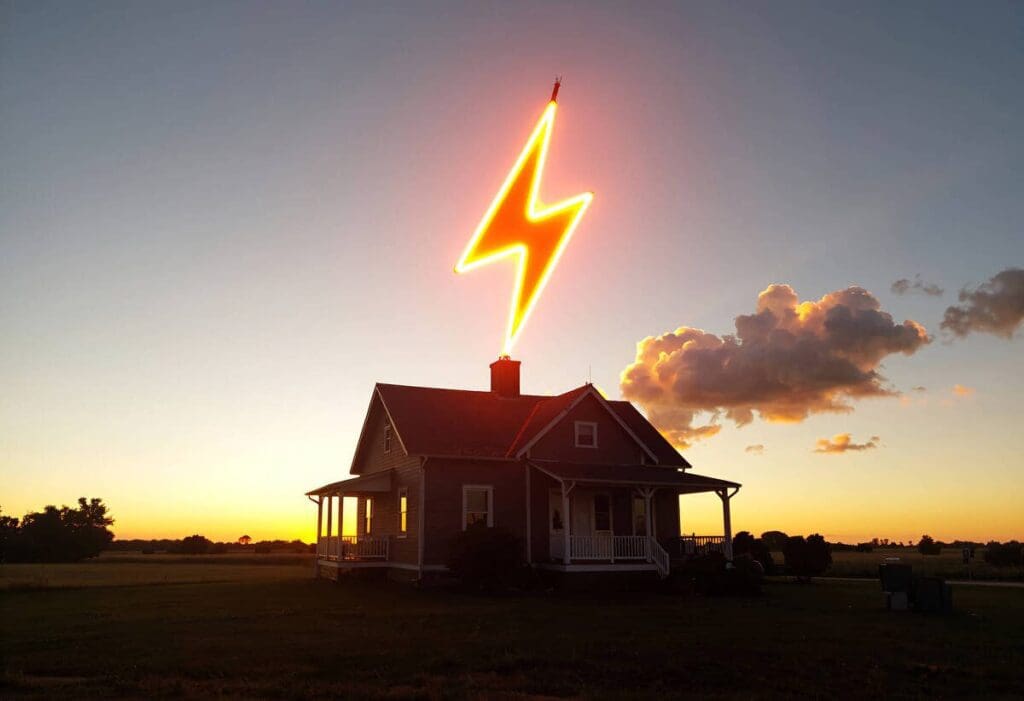 electric bolt above a home in the evening 