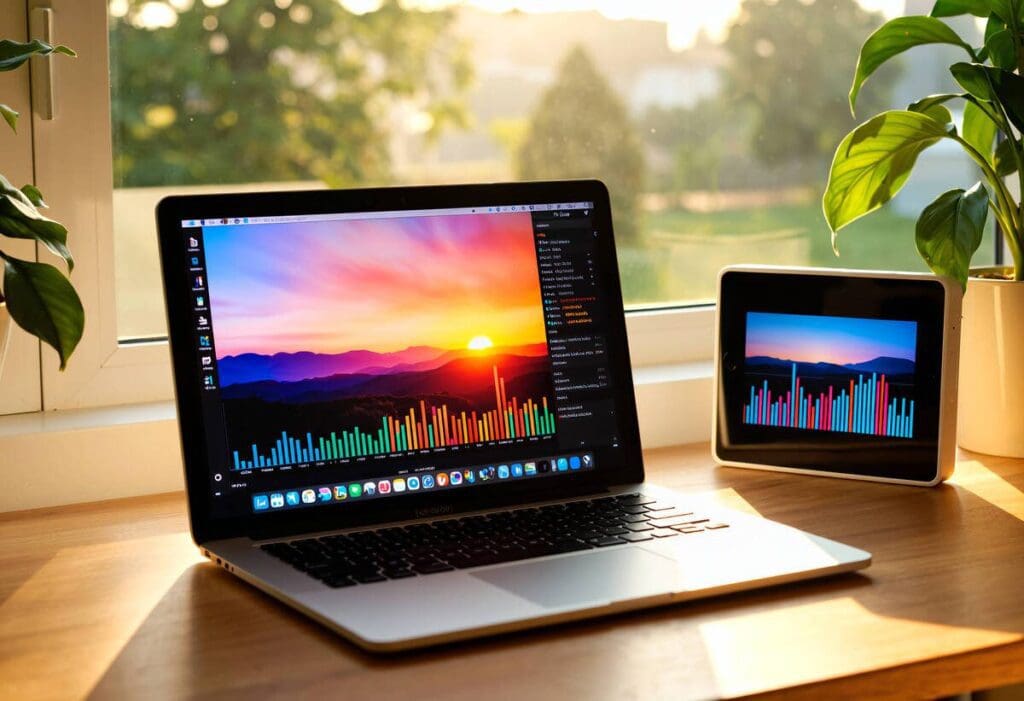 home computer with a garden in the background 