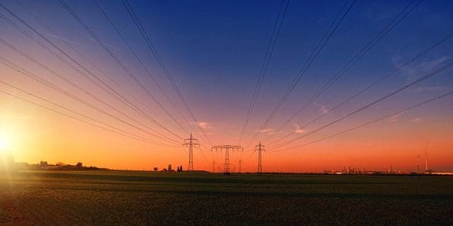 sunset, countryside, power lines, power poles, high-voltage pylons, nature, electricity pylons
