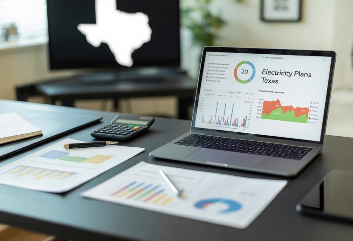 Texas electricity plans comparison. Laptop displaying energy data, charts, and Texas map. Calculator and documents on desk.