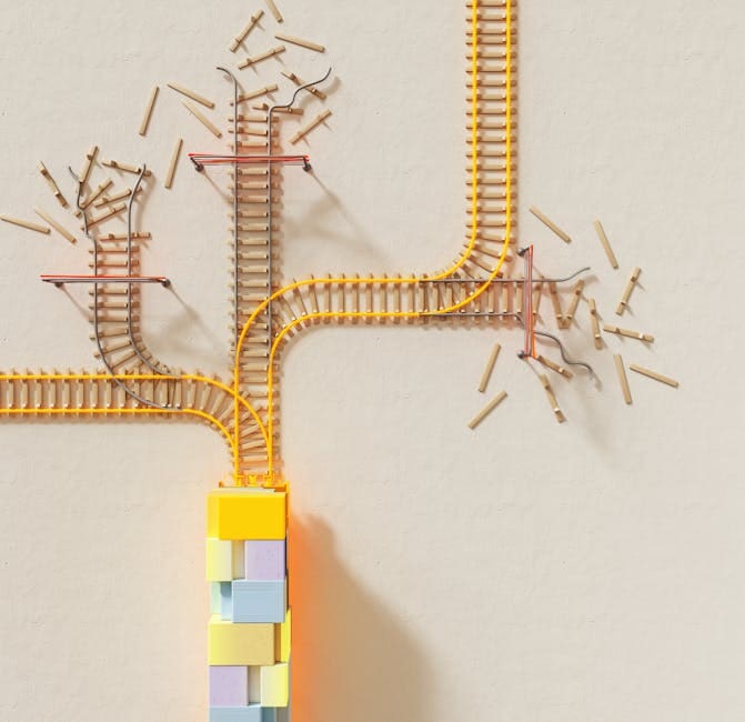 Creative illustration of train tracks on wooden blocks, depicting decision making concepts.