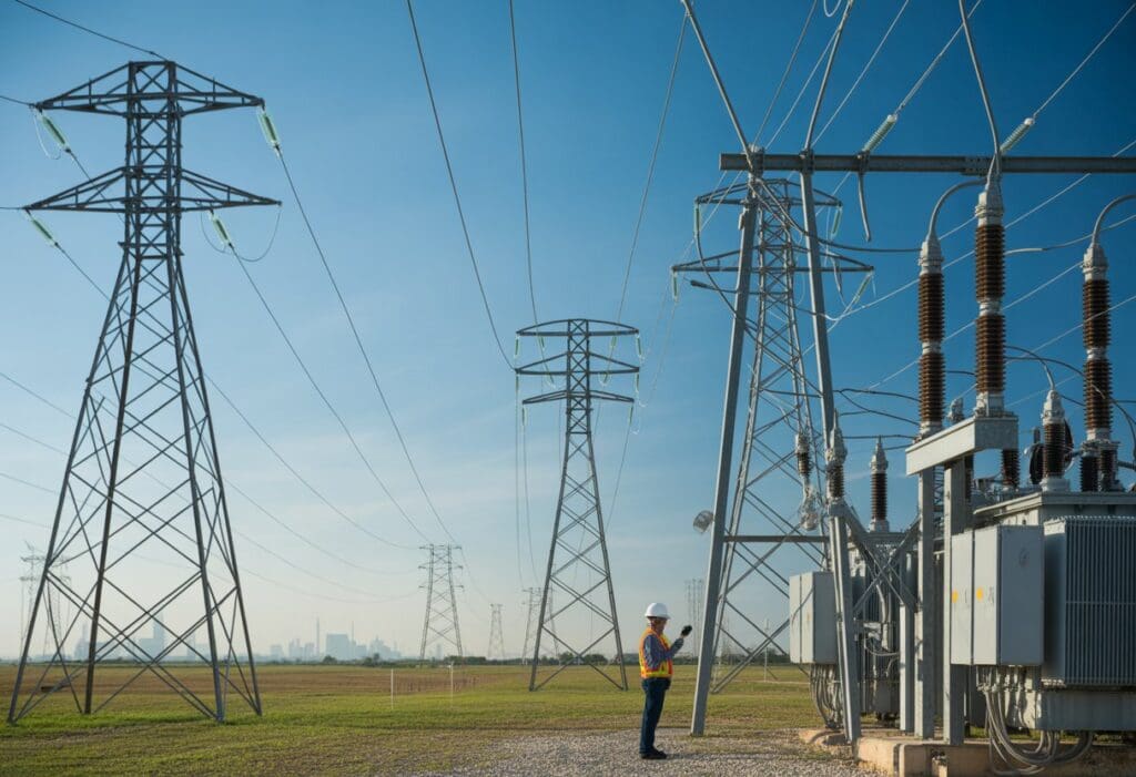 A utility worker inspects electrical equipment near power lines and transmission towers in a Texas countryside setting.
