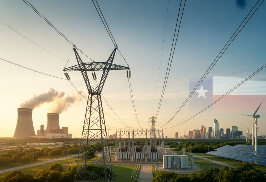 A landscape showing a power plant, transmission towers, an electrical substation, and city buildings with wind turbines and solar panels in the background, illustrating the flow of electricity in Texas.
