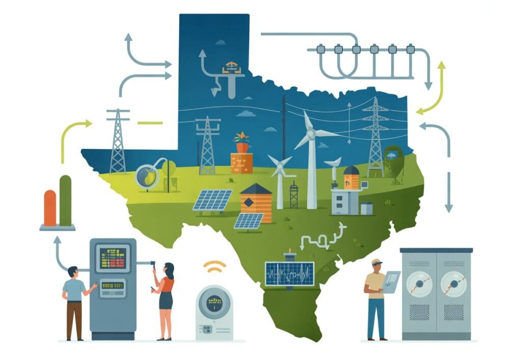 Illustration of Texas with power lines, energy sources like wind turbines and solar panels, and people interacting with electricity meters and control panels showing the flow of electricity across the state.
