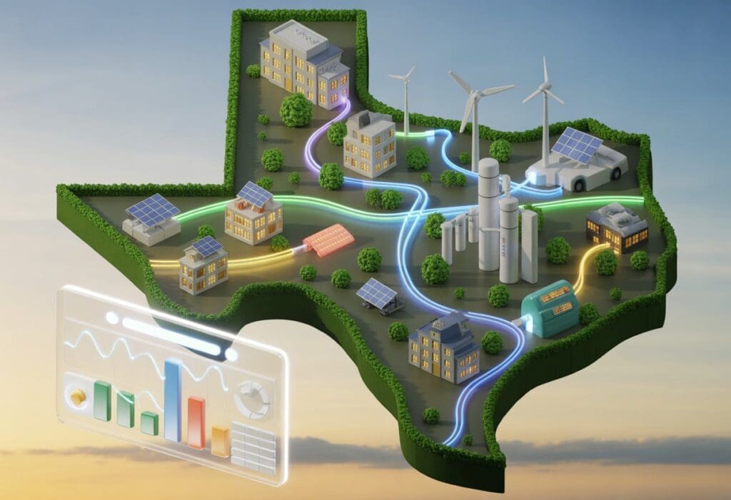 A 3D map of Texas showing power plants, solar panels, wind turbines, and buildings connected by glowing energy lines, with a holographic dashboard displaying energy data above the map.