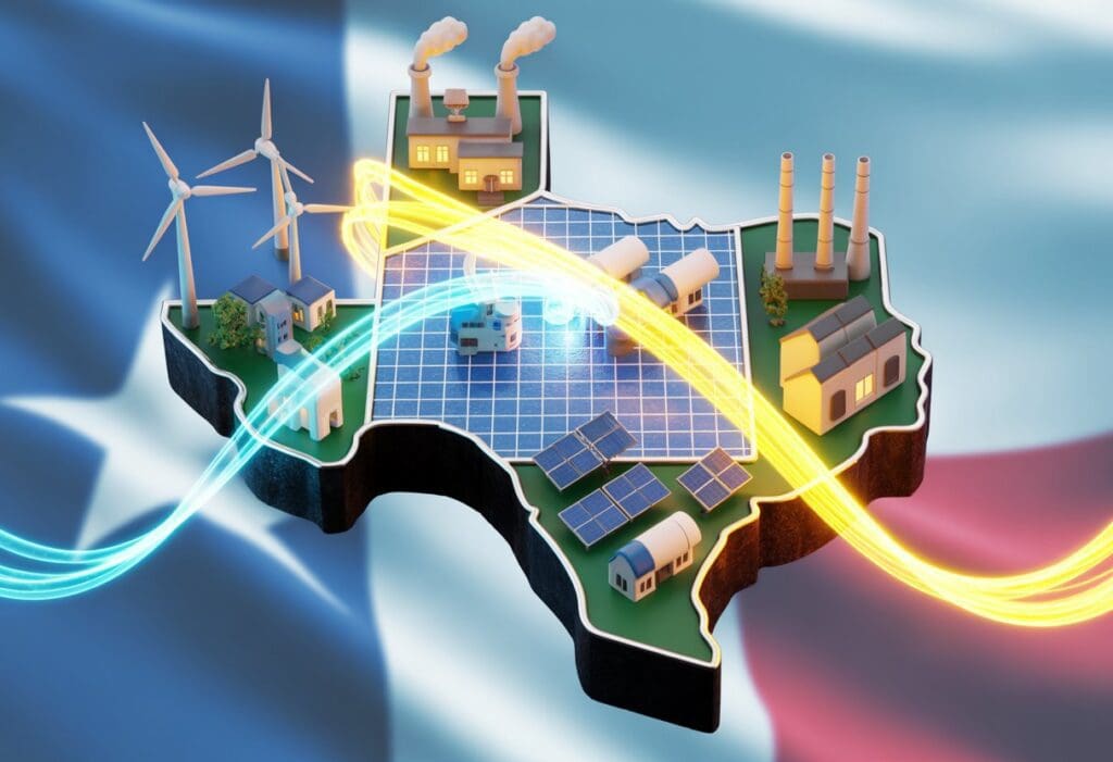 3D rendering of Texas map with electric grid lines, wind turbines, solar panels, power plants, and connected homes and businesses showing electricity flow.