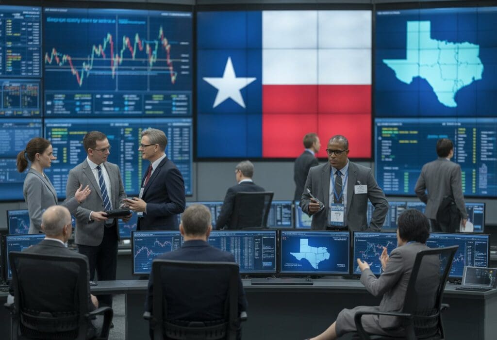 A group of professionals monitoring electricity grids and price charts in a control room with a map of Texas and the Texas flag in the background.