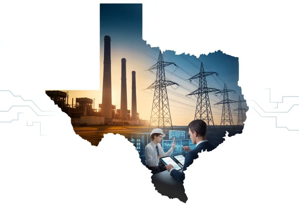 A collage showing the evolution of Texas power market with old power plants, modern transmission towers, engineers working, and an outline of Texas in the background.