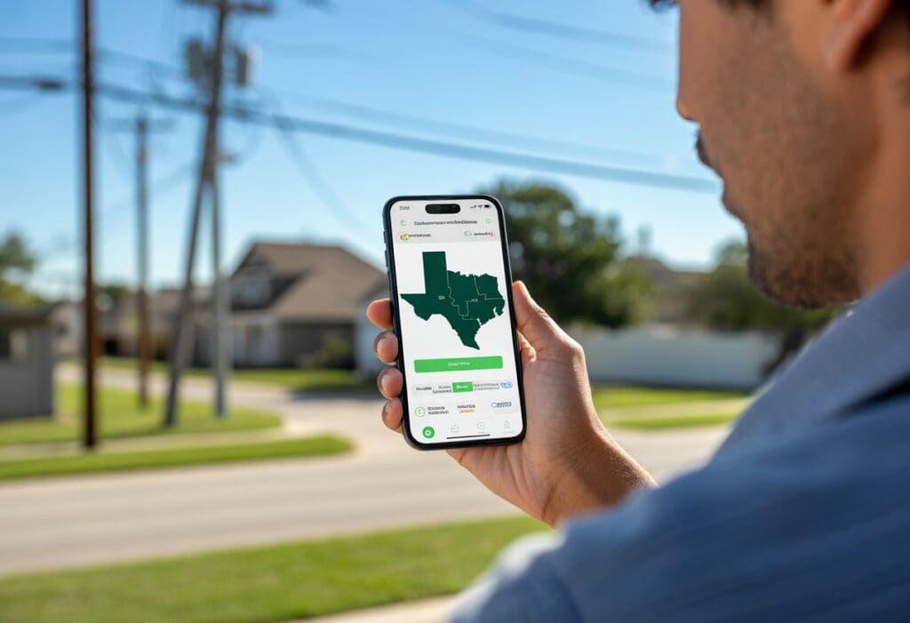 Person holding a smartphone showing a map of Texas with zip code areas, standing in a suburban neighborhood with power lines and electrical poles in the background.