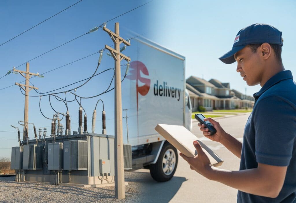 Split scene showing an electrical substation with power lines on one side and a delivery truck with a delivery person scanning a package near Texas homes on the other side.