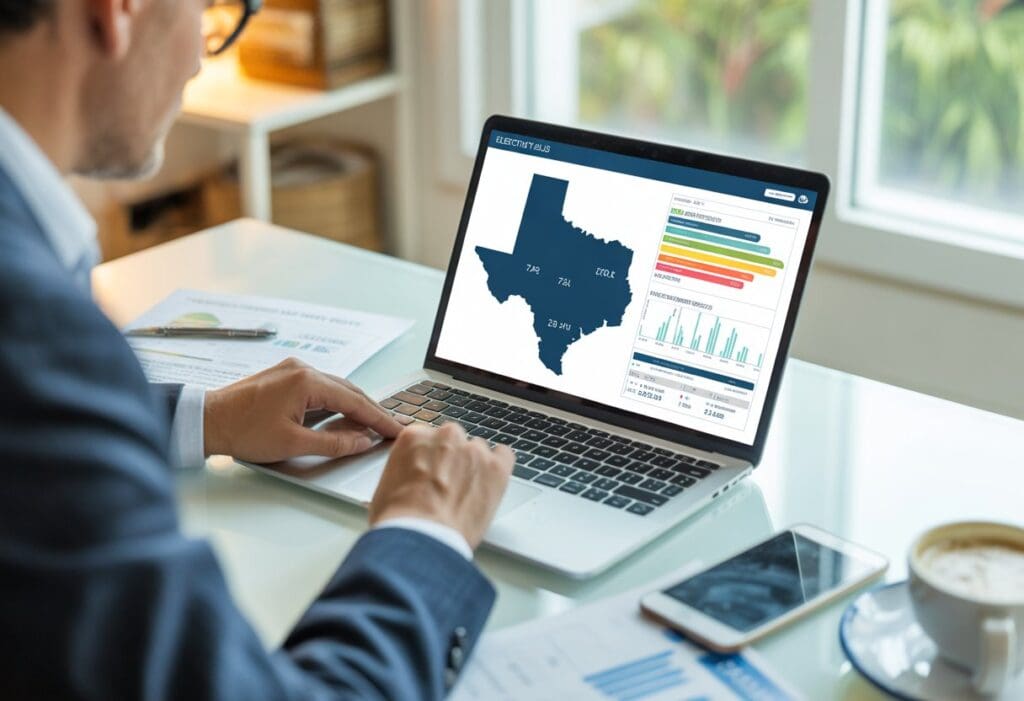 A person using a laptop at a desk, viewing a map of Texas with highlighted zip codes and charts, surrounded by papers and a smartphone.