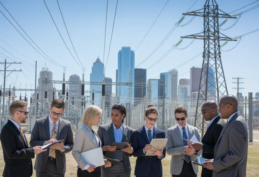Business professionals discussing energy infrastructure with a city skyline, power lines, and electrical towers in the background.