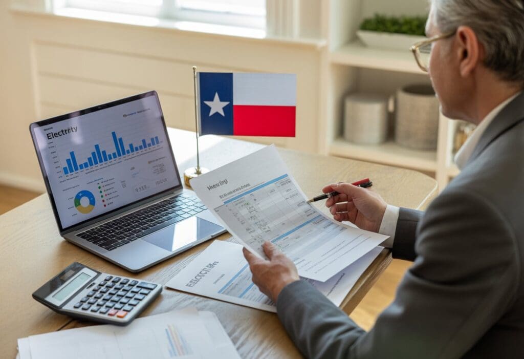 A person at a desk reviewing electricity plans with a laptop, calculator, documents, and a small Texas flag in a bright home office.