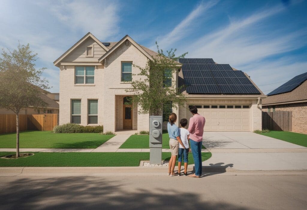A three-bedroom house in Texas with solar panels on the roof and a family standing near the electric meter outside.