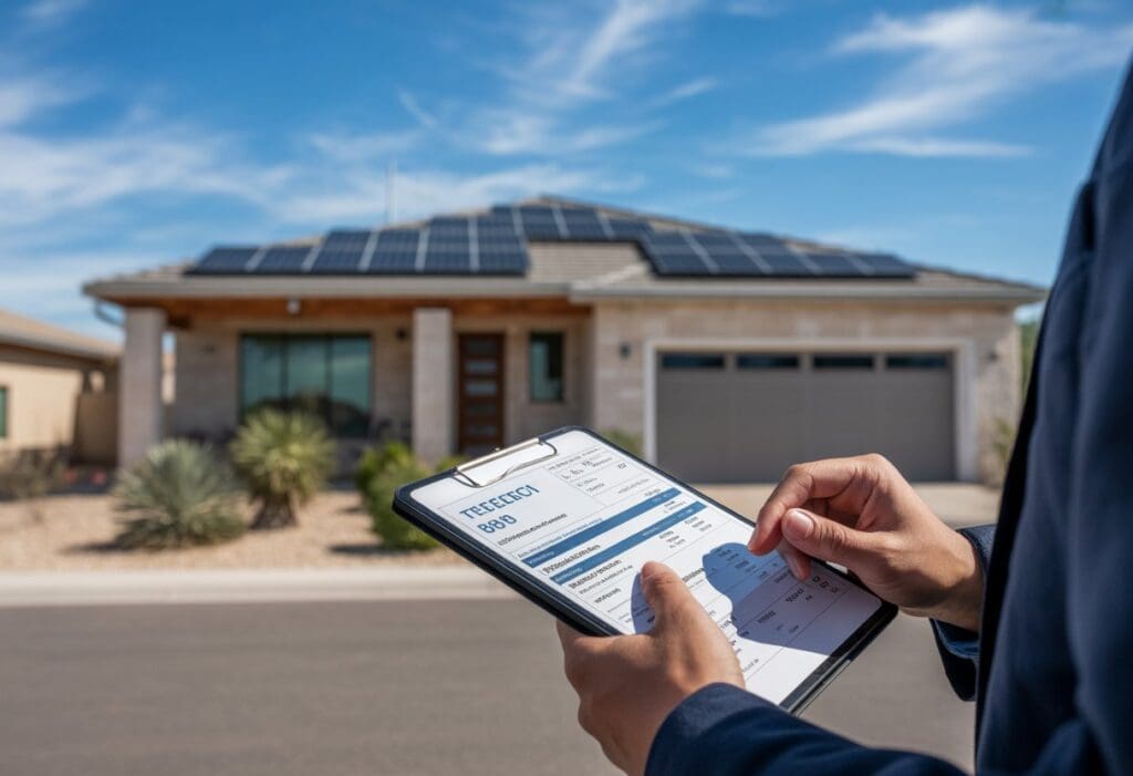 Person reviewing electricity bills on a tablet outside a Texas home with solar panels on the roof.