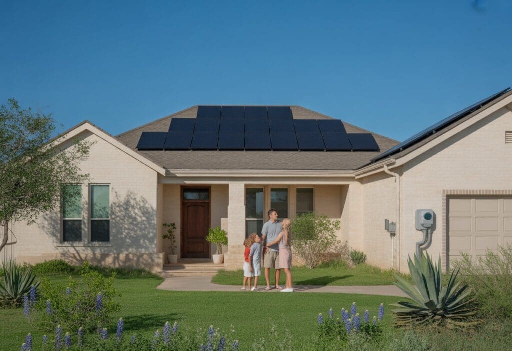 A modern 4-bedroom house in Texas with solar panels on the roof and a family standing outside near the front door.